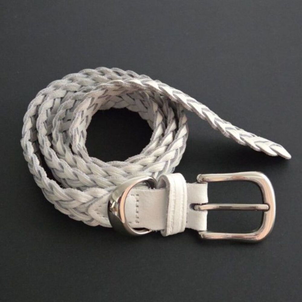 Boho White Braided Leather Belt NWOT Womens M/L Silver Buckle Guatemala